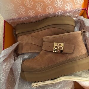 Tory Burch Chestnut Suede Platform Ankle Boots with Gold Logo - Brand New